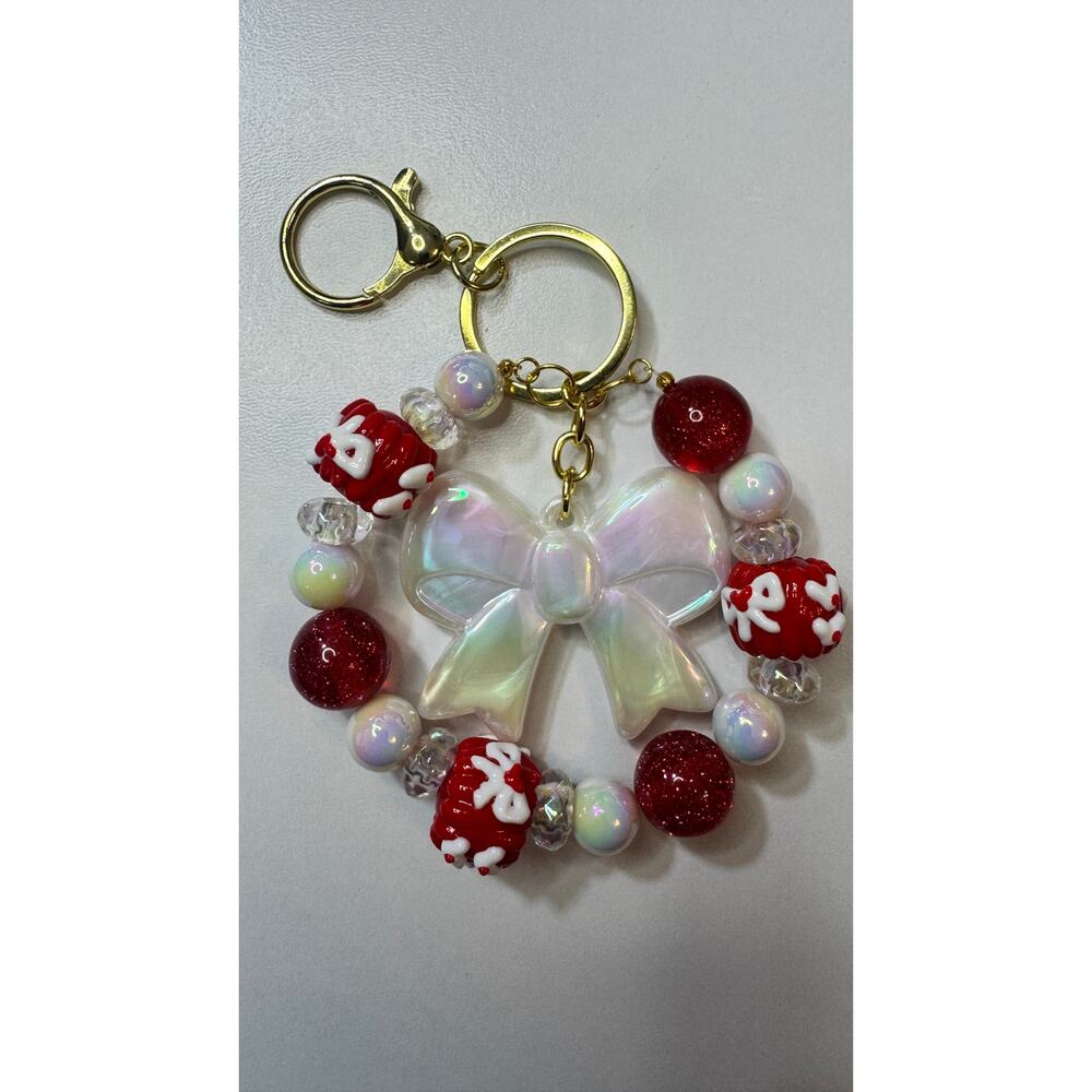 “Sugar Sugar Bow” Charm Handmade Bag Purse Keychain Iridescent Bow, Red Candy